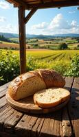 Freshly Baked Sourdough Bread Loaves on Rustic Table Outdoors photo