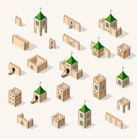 Isometric castle set with different types of buildings vector