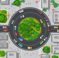 Top view of a roundabout with cars and trees vector