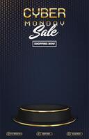 cyber monday sale discount portait template banner with blank space 3d podium for social media post product sale with abstract gradient blue background vector