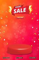 event sale discount portait template banner with blank space 3d podium for social media post product sale with abstract gradient red background design vector