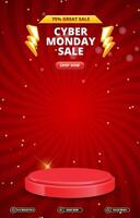 cyber monday sale discount portait template banner with blank space 3d podium for social media post product sale with abstract gradient red background design vector