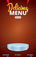 delicious menu sale discount portait template banner with blank space 3d podium for social media post product sale with abstract gradient red background design vector
