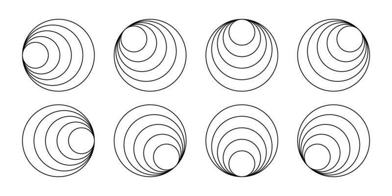 Internally tangent circles. Sonic boom or sound wave sign. Clamshells shapes. Hawaiian earrings. Simple geometric figures. Concentric rings isolated on white background. graphic illustration