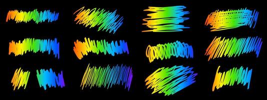 Rainbow-colored scraped textures onblack scratchcard surface. Collection of scraping effects on scratch card, game ticket, lotto or sale coupon isolated on metallic background. illustration vector