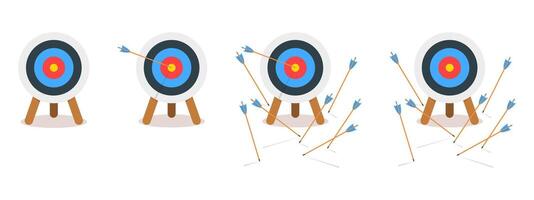 Set of archery dartboards with arrows hitting or missing bullseye. Target rings on tripods isolated on white background. Success or failure, win or lose concept. cartoon illustration vector