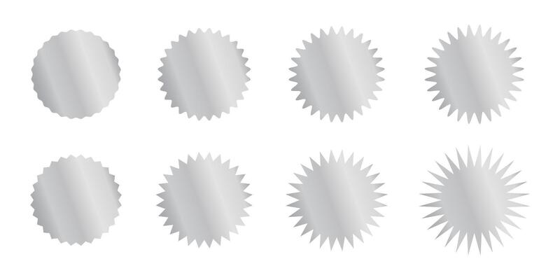 Round silver stickers with wavy and zigzag borders. Shining metallic labels, badges, price tags, coupons, stamps curvy shapes isolated on white background. illustration