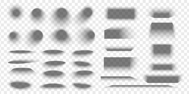 Set of packing box or banner overlay shadow effects. Different realistic soft grey shapes. Rectangle, round and oval shades. realistic illustration