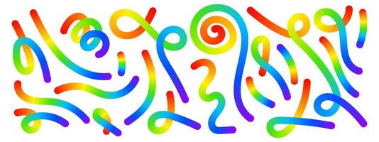 Set of rainbow colored curvy lines isolated on white background. Cool colorful squiggles, stripes, spirals and loops in spline style. Organic doodle figures with gradient effect. illustration vector