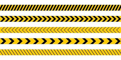 Set of caution tapes with black and yellow diagonal slashes or chevron print. Warning borders in construction work zone or crime scene. Danger, attention or forbidden signs. flat illustration vector