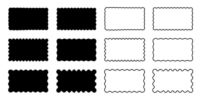 Set of rectangular shapes and frames with wavy edges. Rectangles with scalloped borders. Picture or photo frameworks, empty text boxes or tags isolated on white background. illustration
