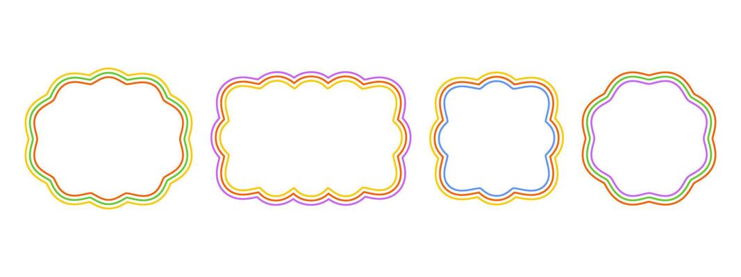 Set of colorful oval, rectangle, square and circle shapes with wavy edges. Simple geometric forms with scalloped borders. Empty text boxes, tags or labels templates. graphic illustration