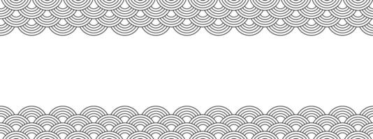 Top and bottom borders with japanese seigaiha pattern and empty space. Black and white scallops print. Fish squama or dragon scale. Simple geometric background. graphic illustration vector