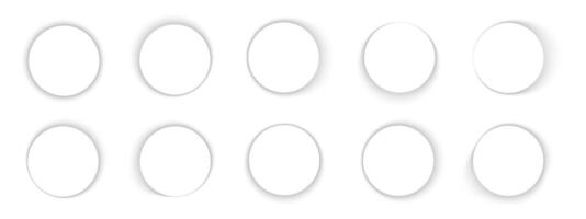 Set of round shadows. Circle soft overlay effect. Empty circular shades on floor or wall. Rounded shapes with dark gradient borders isolated on white background. realistic illustration vector