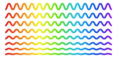 Set of wavy lines with rainbow print. Visible light spectrum curves. Multicolored undulated stripes isolated on white background. Wiggly borders with gradient effect. illustration vector
