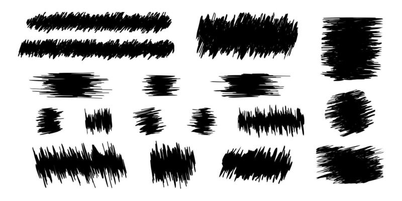 Black ripped grunge textures. Hand drawn smears. Marker, pencil, pen or ink scribbles. Scratch card, ticket or lottery scraped surfaces isolated on white background. graphic illustration