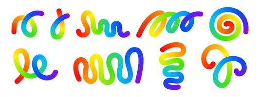 Set of rainbow-colored curvy lines. Multicolored squiggles, spirals and loops in trendy spline style. Organic doodle figures with gradient effect isolated on white background. illustration vector