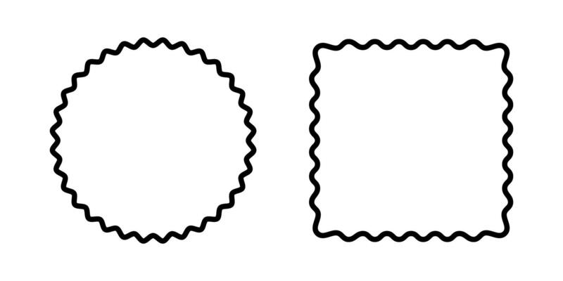 Round and square frames with wiggly edges. Circle and rectangular shapes with curvy borders. Empty laced text boxes, tags or labels isolated on white background. graphic illustration
