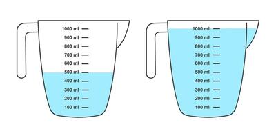 Half-full and water-filled measuring cups with 1 liter volume. Liquid containers for cooking with fluid capacity scale isolated on white background. flat illustration vector