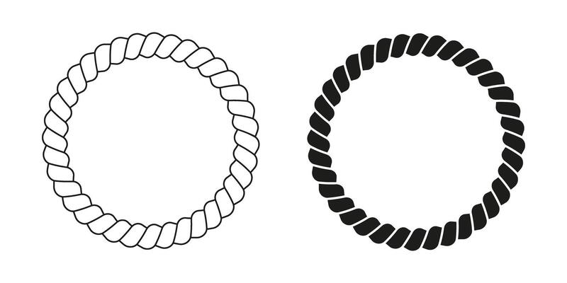 Black and white round rope frames. Cord or thread, steel cable or hemp twine, jute circular borders. Design elements in yacht or nautical style. graphic illustration