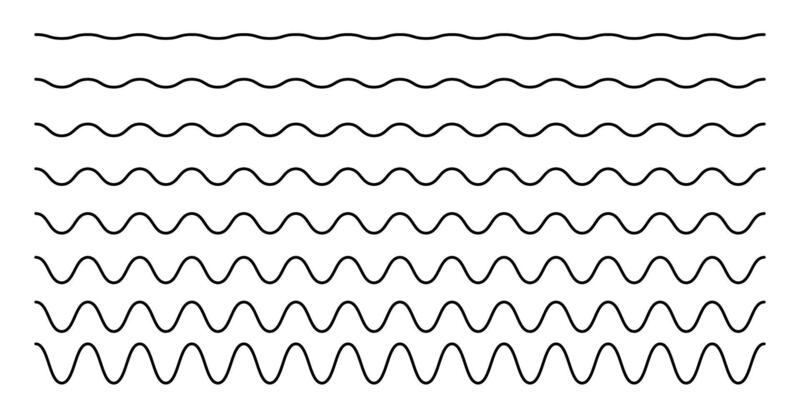 Set of curvy horizontal lines. Wavy borders. Sine or cosine curves. Water, fluid, air or wind symbols. River, sea, lake or ocean signs isolated on white background. graphic illustration