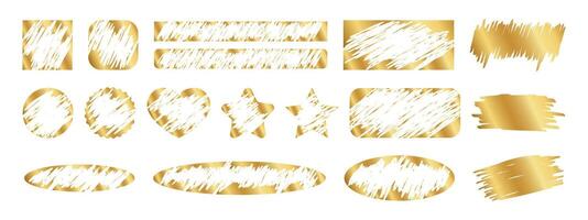 Set of gold scratch card surfaces in square and circle, rectangle and oval, star and heart forms. Collection of winner lotteries, sale coupons, jackpot scratchcards templates. illustration vector