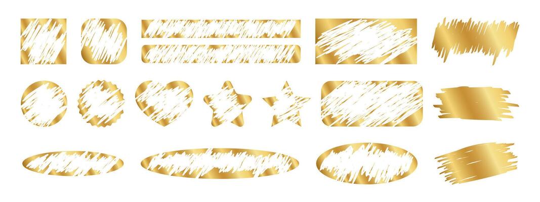 Set of gold scratch card surfaces in square and circle, rectangle and oval, star and heart forms. Collection of winner lotteries, sale coupons, jackpot scratchcards templates. illustration