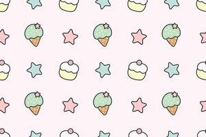Kawaii seamless pattern with pastel ice cream cupcakes and stars on soft pink background vector