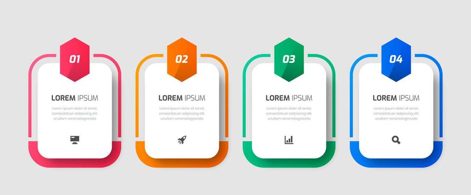 Infographic Template with Rounded Rectangle Label, Icons and 4 Numbers for Presentation, Flowchart