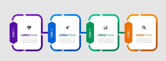 Infographic Template with Rounded Rectangle Label, Icons, and 4 Steps for Presentation, Flowchart vector