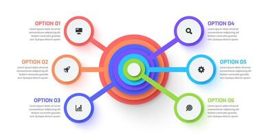 Flowchart Infographic with Six Circle Label Connected to Main Circle, Suitable for Workflow, Presentation, Diagram, Chart vector