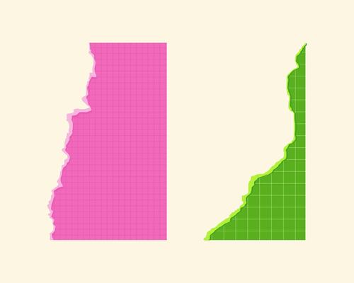 Two Abstract Torn Paper Elements Pink and Green Grid on Cream