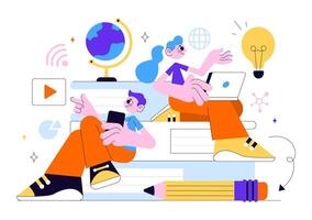 Learning from Home with Digital Tools and Study Materials in Flat Cartoon Style vector