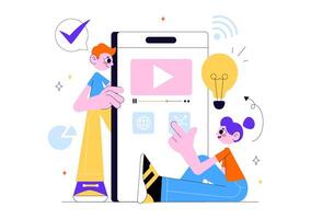 E-Learning Illustration with Students and Digital Books in a Flat Cartoon Style vector