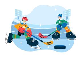 Flat Cartoon Illustration of Ice Hockey Player on Rink with Stick and Helmet vector