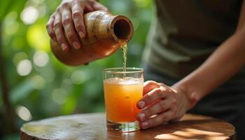Close-up of hands pouring Tuak alcoholic drink from a bamboo jug into a glass, tropical nature background photo
