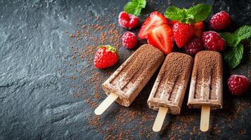 Frozen tiramisu popsicles with cocoa and berry topping on stone background, gourmet summer treat photo