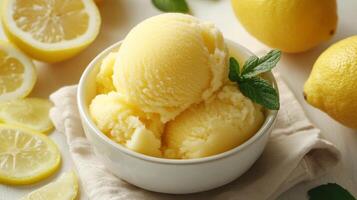 Creamy lemon sorbet served in a white bowl, garnished with fresh mint leaves, surrounded by sliced lemons and whole lemons, evoking a refreshing summer dessert experience photo