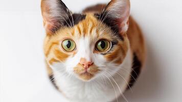 Cat sitting isolated on white background. Young shorthair cat sitting and looking at camera up with beautiful cute big eyes, with white and orange hair color stripes .Generated Image photo