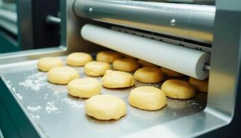 Automated dough processing on a bakery production line. Food manufacturing, baking technology photo