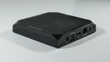 USB connectors, power and Ethernet sockets on a side panel of new TV box photo