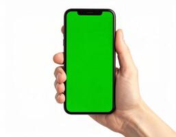 Hand showcasing a smartphone with a green empty screen on a white background for mockup use photo
