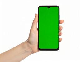 Hand presenting a smartphone with an empty green screen for digital mockup on white photo