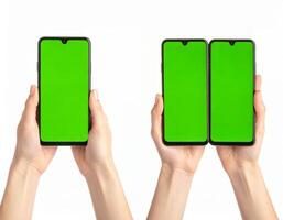 Mobile phone in hand, green screen display, placed on a simple white background for mockup photo