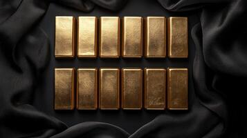 Gold bars arranged artistically on black silk background under spotlight, creating luxurious and elegant atmosphere with rich golden tones photo