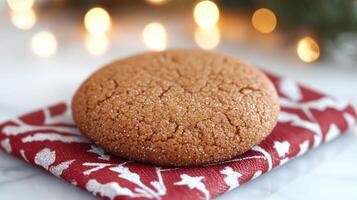 Gingerbread cookie on red cloth with white star pattern shines warmly in cozy day light with festive blurred lights in background photo