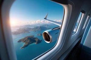 Scenic view of islands and blue ocean below plane visible through curved window with sunlight and clear sky creating peaceful atmosphere photo