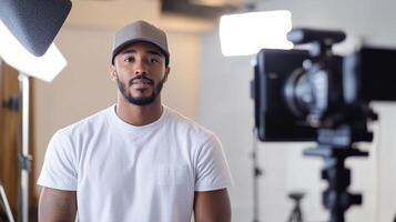 Young man recording in studio with professional camera and lighting, focused and confident content creator sharing ideas photo