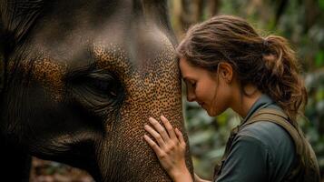 Conservationist gently placing hand on elephant forehead showing mutual respect and trust in natural forest setting photo