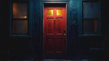 Red door illuminated in dark building facade with warm light shining through windows, evoking mystery and quiet solitude photo